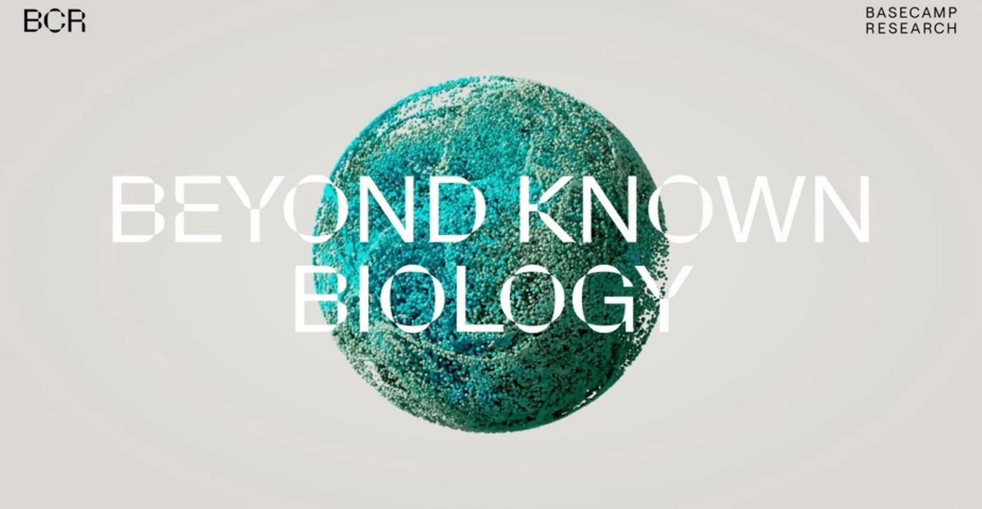Basecamp Research website hero: a textured teal sphere behind the line ‘Beyond known biology’.