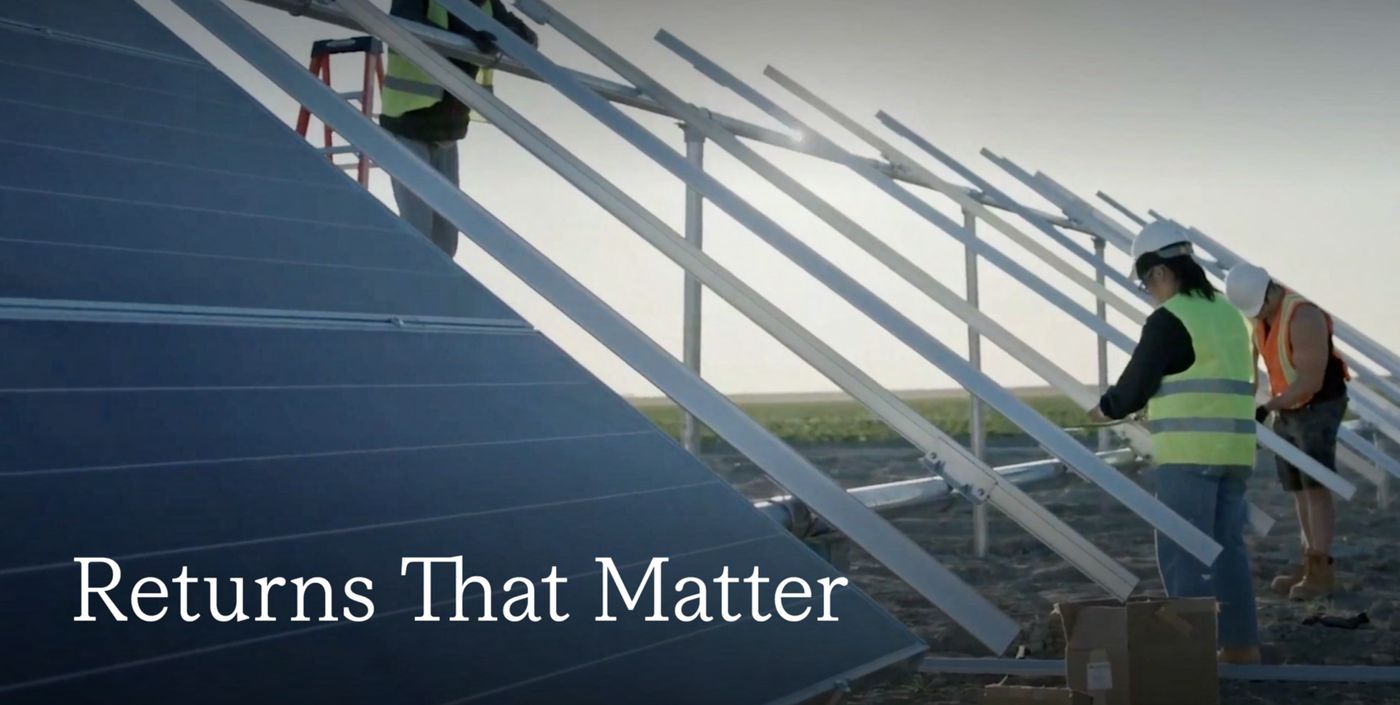Change Forces website: workers installing solar panel frames under the line ‘Returns That Matter’.